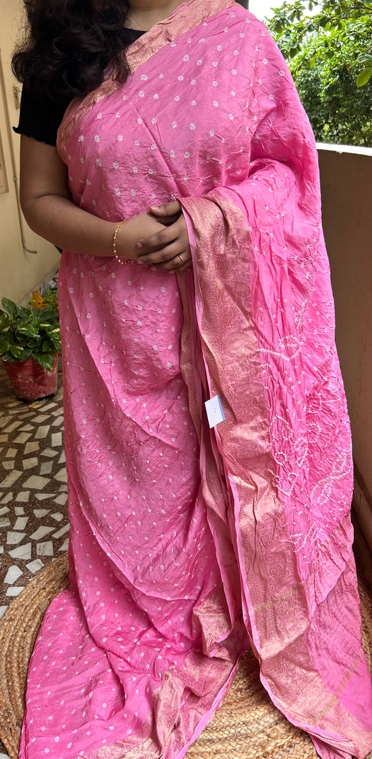 Buggle-gum Pink Bandhani Saree