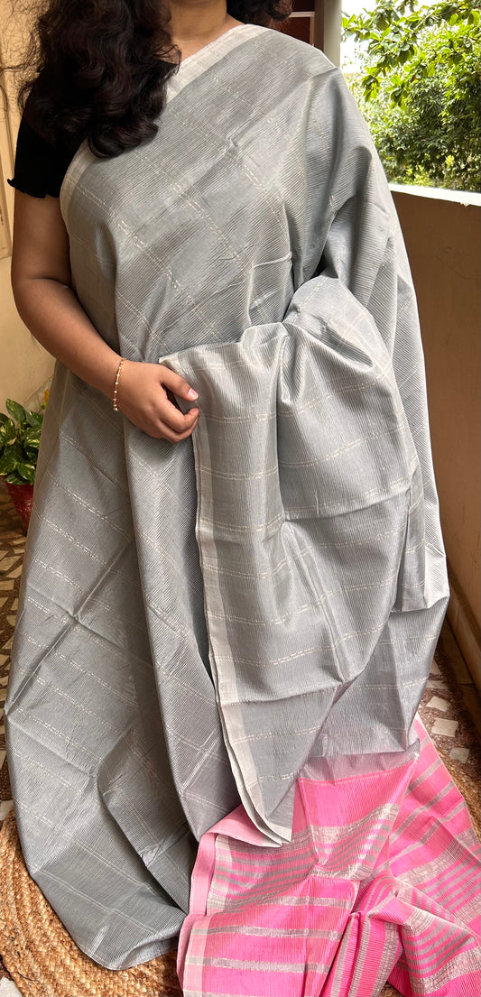 Gray & Pink Mangalagiri Pattu Saree with Silver Zari Lines