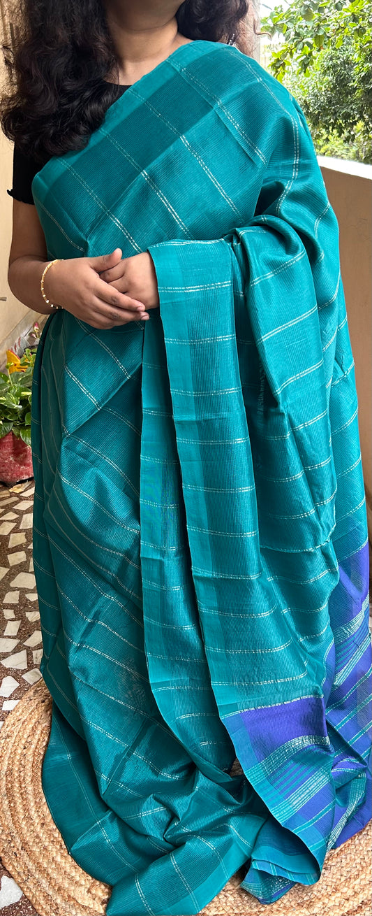 Teal & Blue Mangalagiri Pattu Saree with Silver Zari Lines
