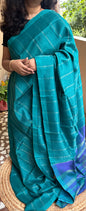 Teal & Blue Mangalagiri Pattu Saree with Silver Zari Lines