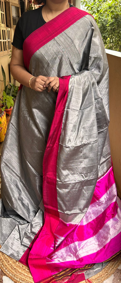 Gray & Pink Viscose Cotton Illkal Saree ( Pure silk Pallu  )