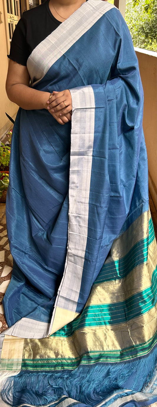 Blue & Gray Viscose Cotton Illkal Saree ( Pure silk Pallu )