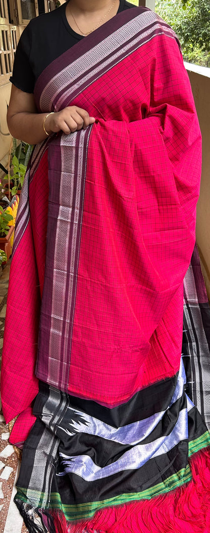 Pinkish Red Cotton Illkal Saree ( Pure silk Pallu )