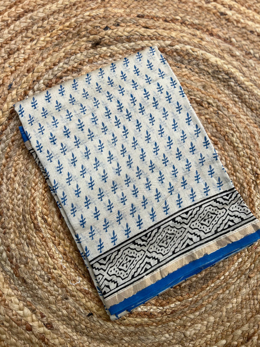 Beige & Blue  Handblock-Printed Chanderi Saree