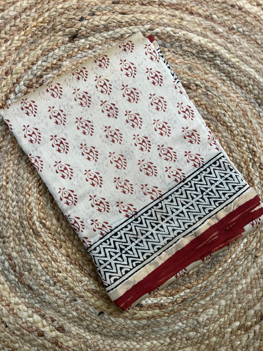 Beige & Maroon  Handblock-Printed Chanderi Saree