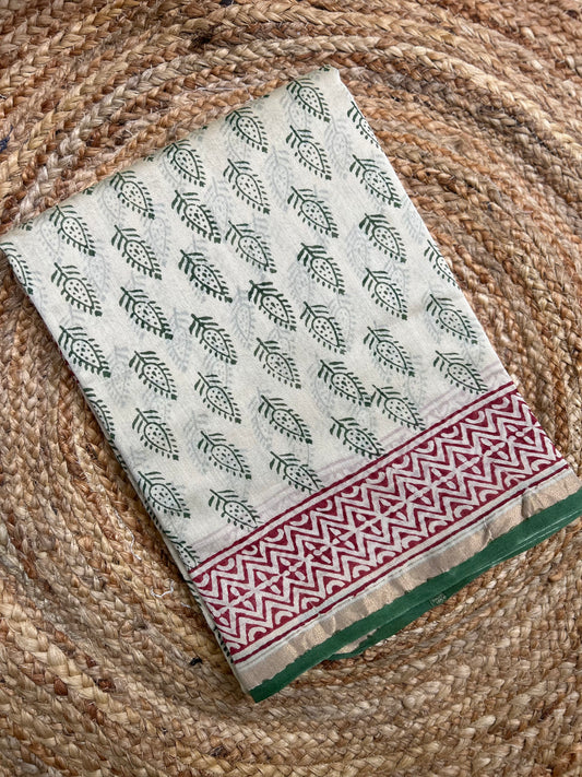 Beige & Green  Handblock-Printed Chanderi Saree
