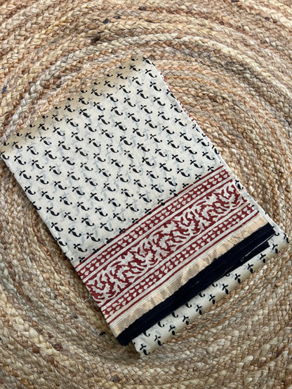 Beige & Black  Block-Printed Chanderi Saree