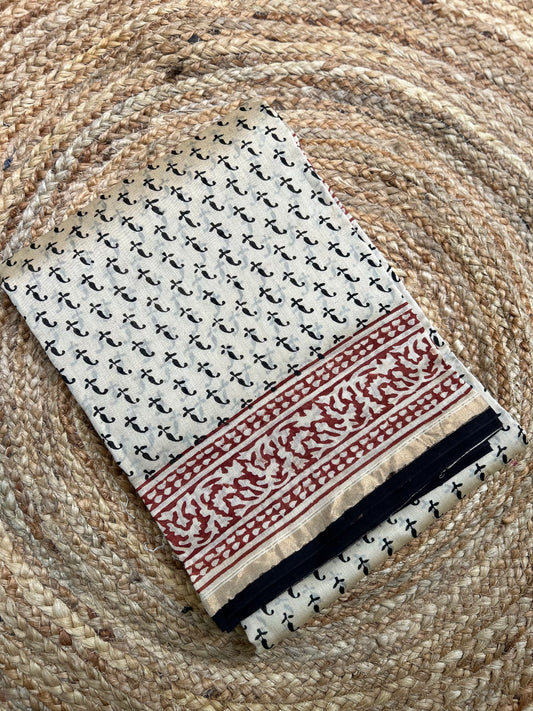 Beige & Black  Block-Printed Chanderi Saree