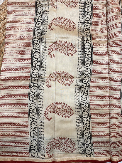 Beige & Maroon  Handblock-Printed Chanderi Saree