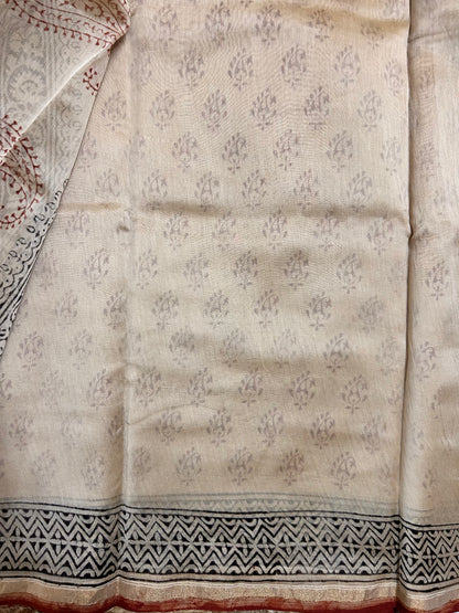 Beige & Maroon  Handblock-Printed Chanderi Saree