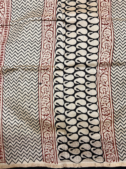 Beige & Black  Block-Printed Chanderi Saree