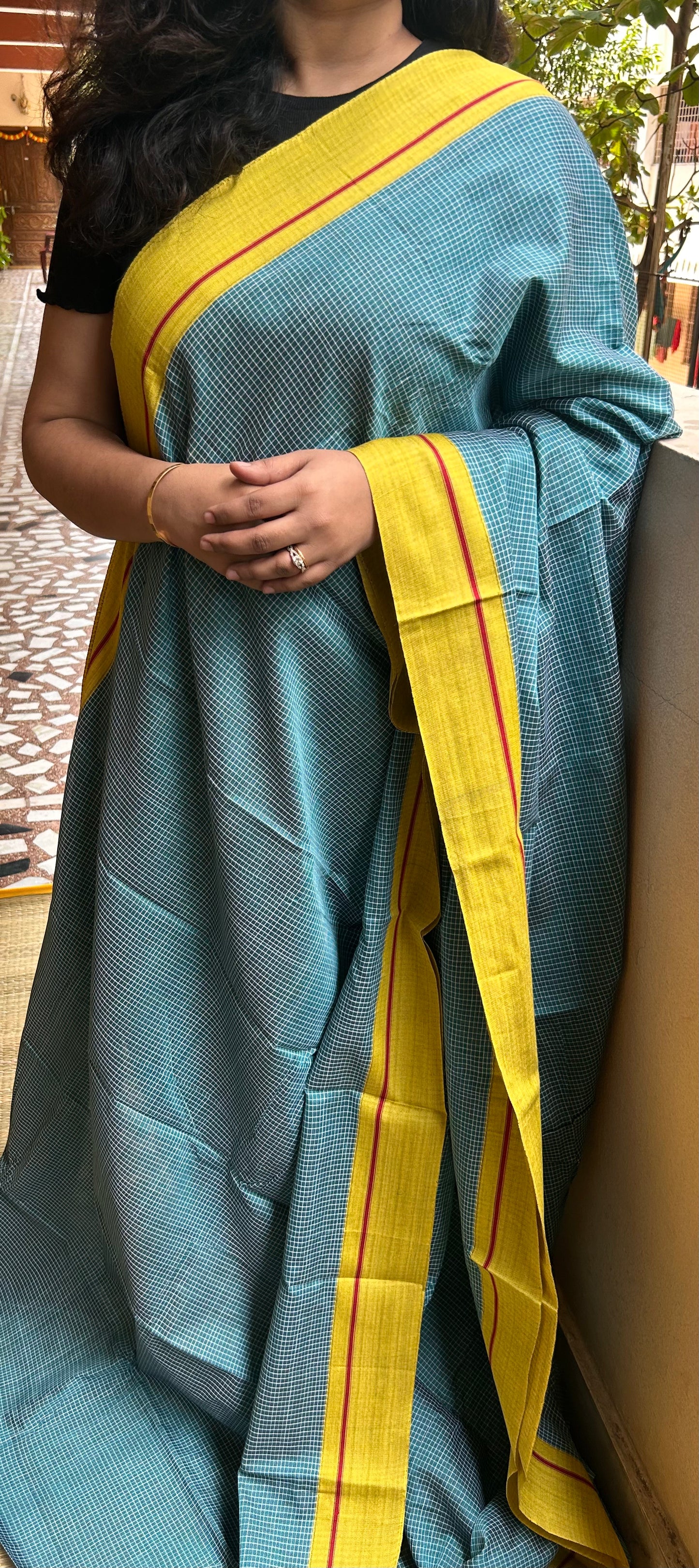 Teal & Mustard Patteda Anchu Saree