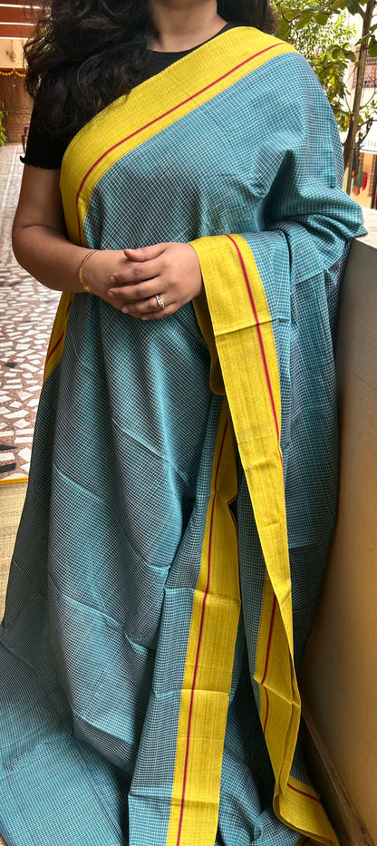 Teal & Mustard Patteda Anchu Saree