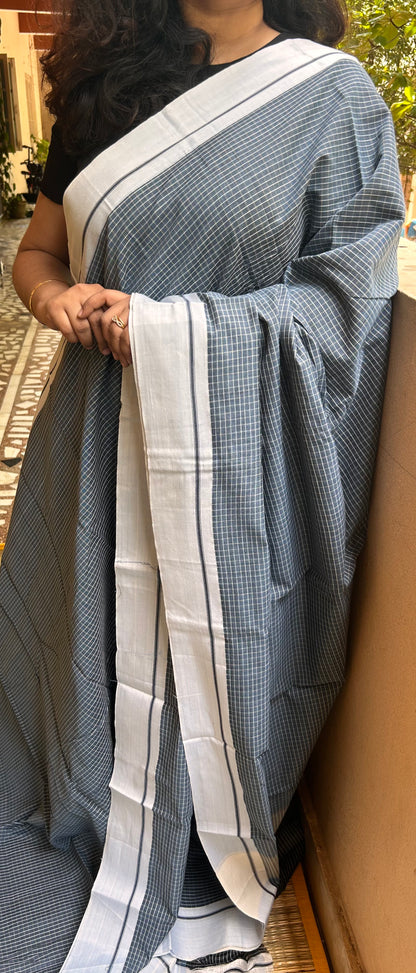 Dark Greyish Blue & Silver Colour Patteda Anchu Saree