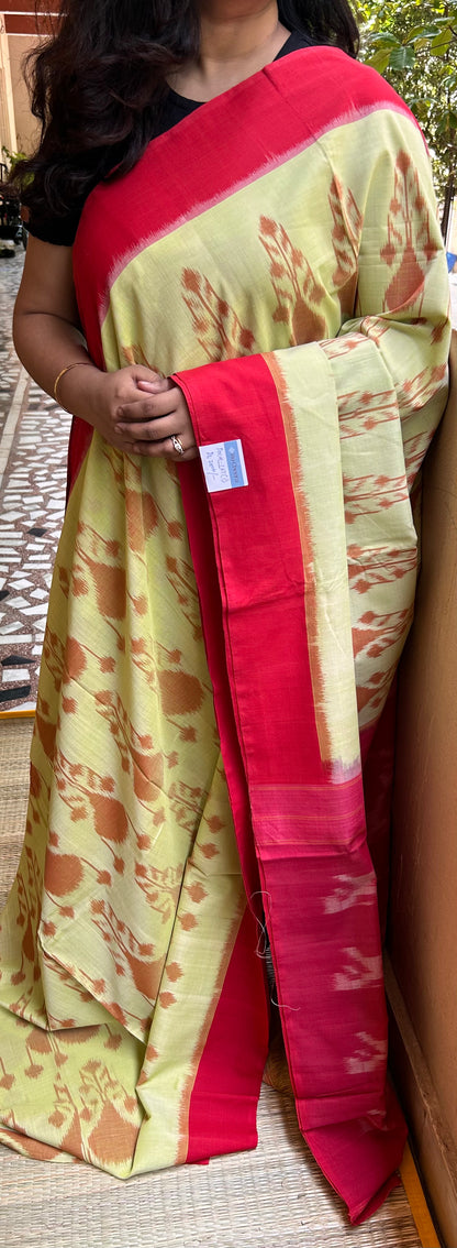 Lemon Yellow Pochampally Ikkat Cotton Saree