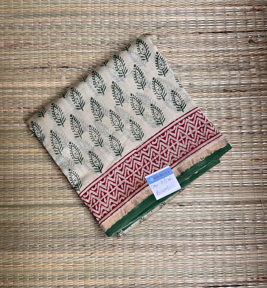 Beige & Green  Handblock-Printed Chanderi Saree