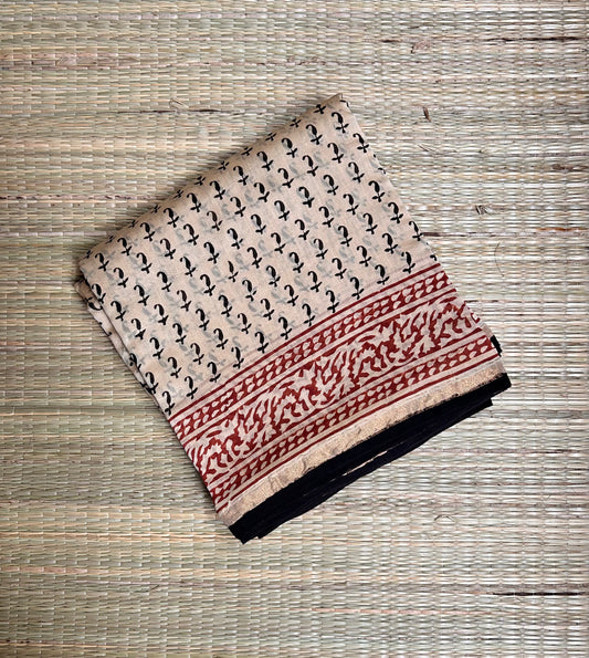 Beige & Black  Block-Printed Chanderi Saree