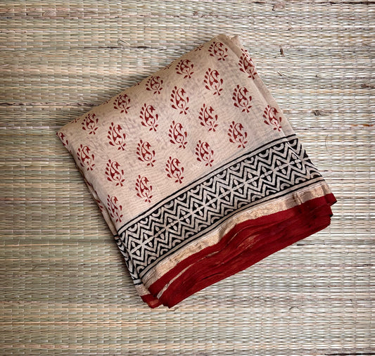 Beige & Rust  Handblock-Printed Chanderi Saree