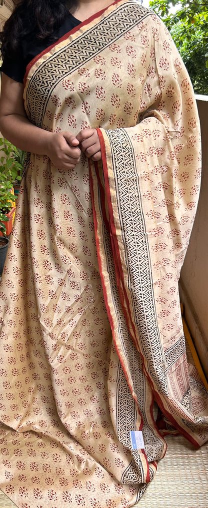 Beige & Rust  Handblock-Printed Chanderi Saree