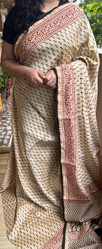 Beige & Black  Block-Printed Chanderi Saree