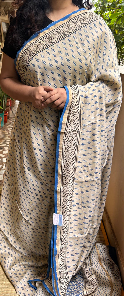 Beige & Blue  Handblock-Printed Chanderi Saree