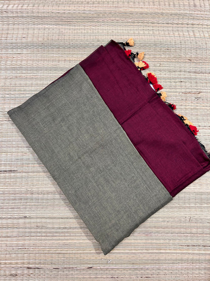 Maroon & Olive Dual Colour Khadi Cotton Saree