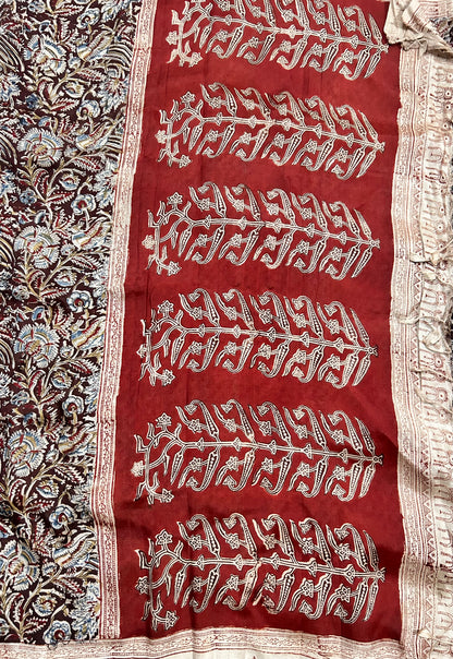 Mangalagiri Silk Kalamkari Handblock Printed Saree