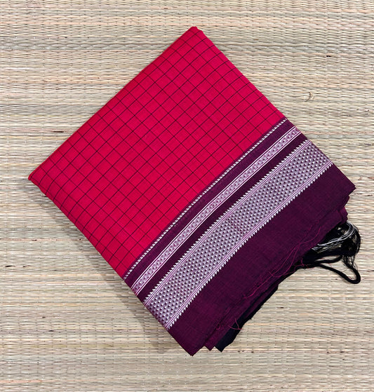 Pinkish Red Cotton Illkal Saree ( Pure silk Pallu )