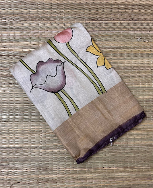 Beige Pure Tussar silk saree in Handpainted Pichwai Design