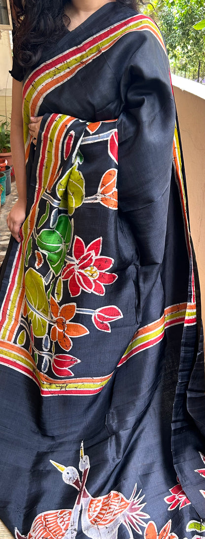 Black Bishapuri Silk Saree in Hand Wax Batik