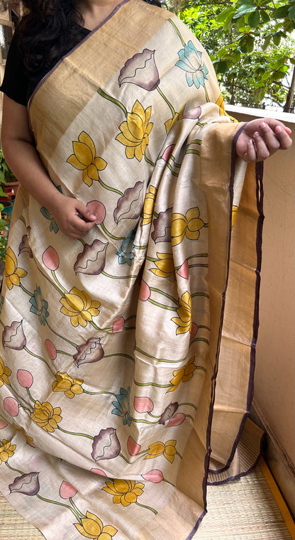 Beige Pure Tussar silk saree in Handpainted Pichwai Design