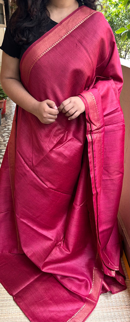 Maroon Muga Tussar Silk Handloom Saree