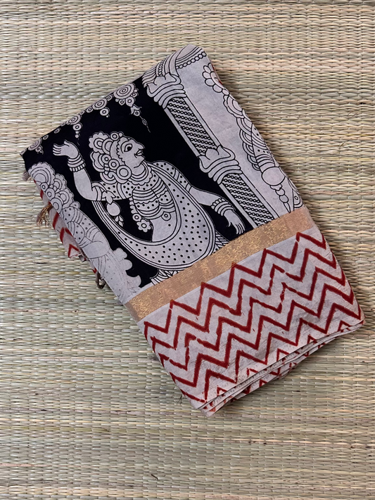 Black & Beige Kalamkari Saree in Chennuri Silk