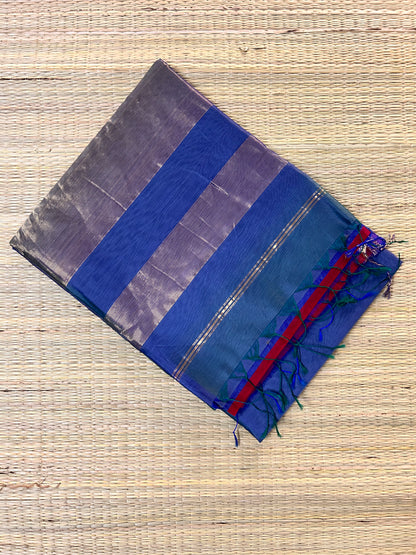 Slate Gray with Green & Blue Maheswari Silk Cotton Handloom Saree