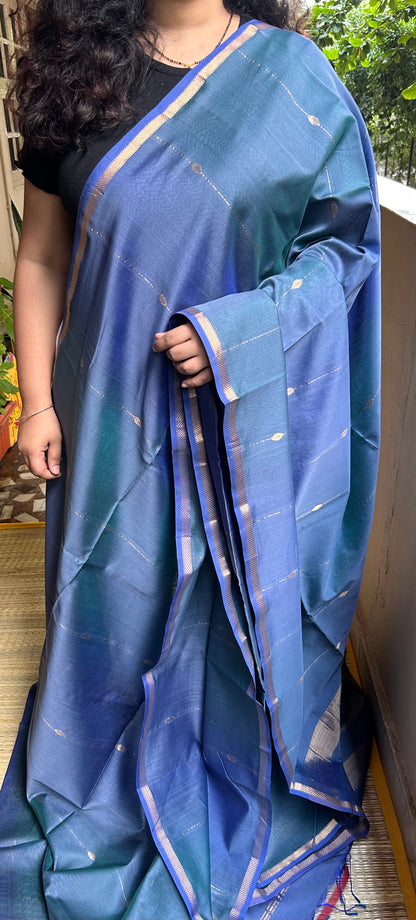 Slate Gray with Green & Blue Maheswari Silk Cotton Handloom Saree