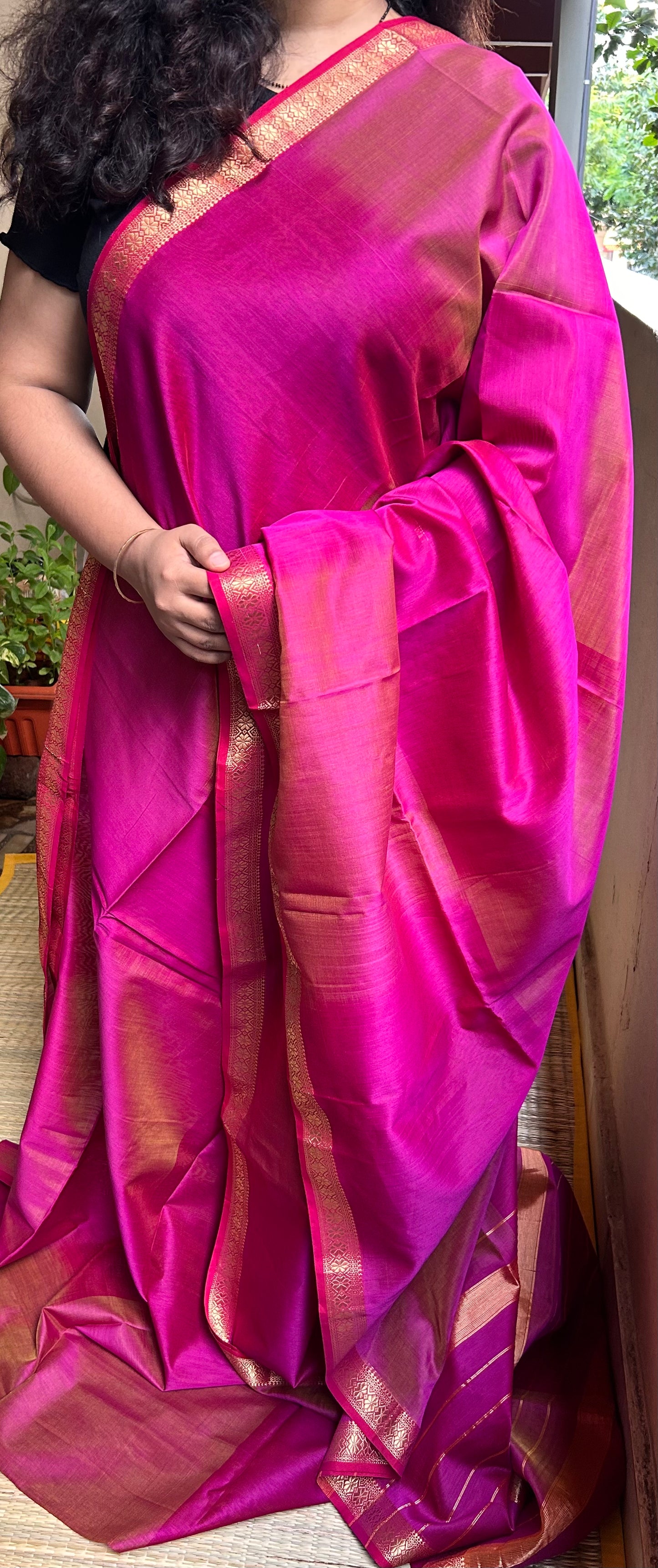 Pinkish Magenta & Yellow Maheswari Silk Cotton Handloom Saree