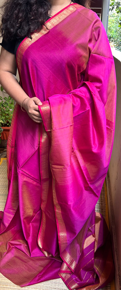 Pinkish Magenta & Yellow Maheswari Silk Cotton Handloom Saree