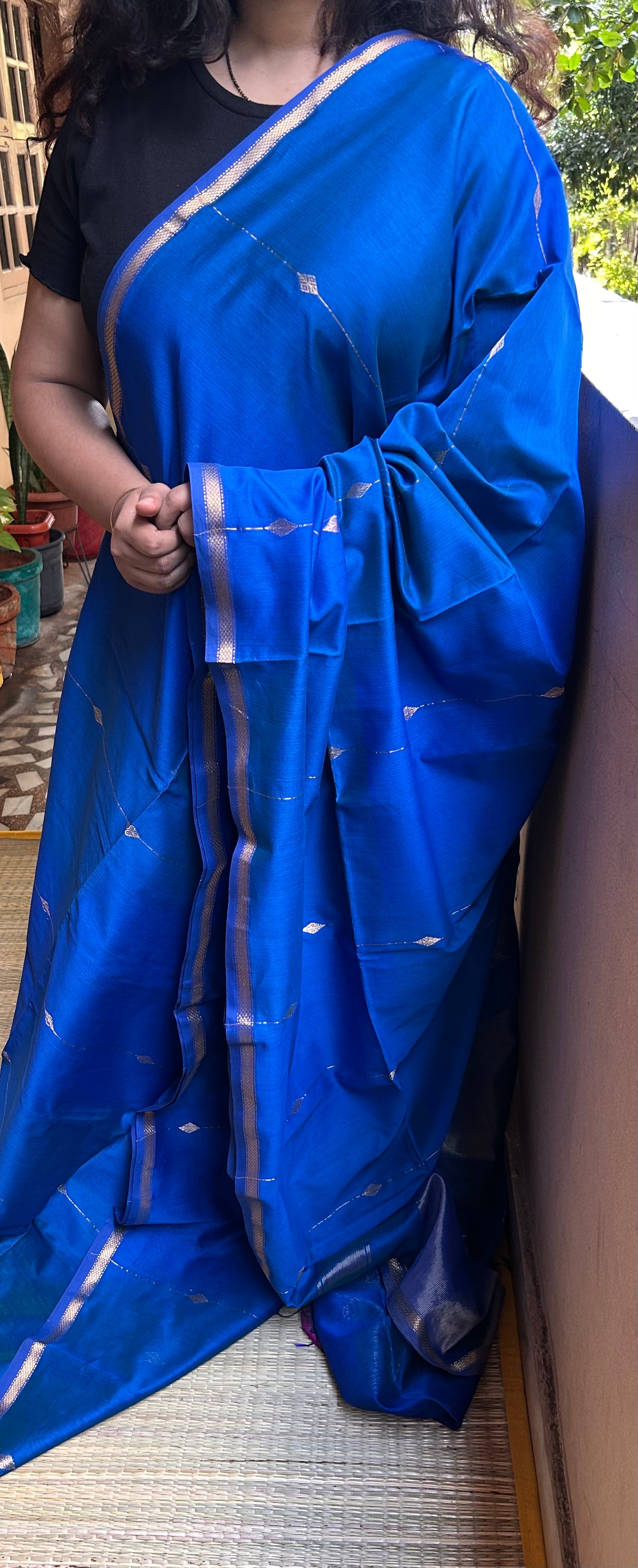 Royal Blue & Green Maheswari Silk Cotton Handloom Saree