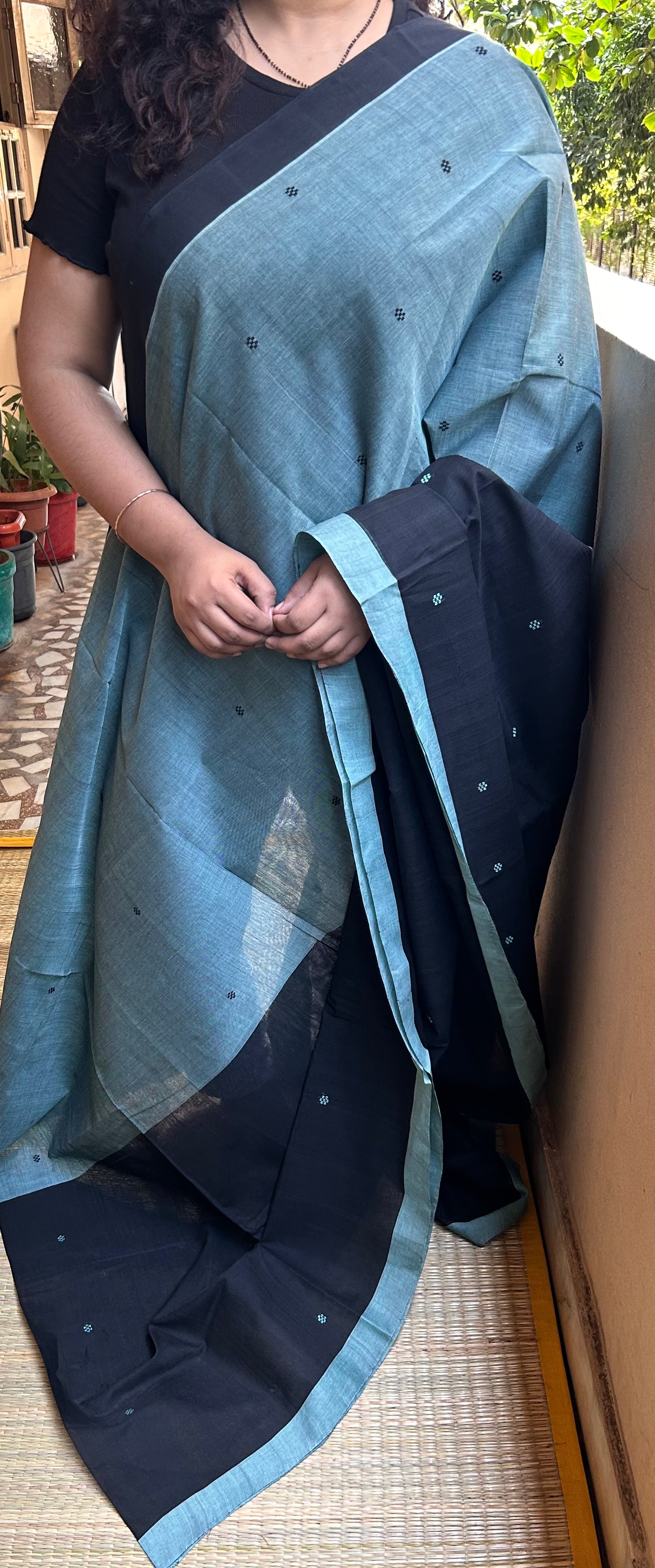 Slate Gray and Black Godavari Cotton Saree