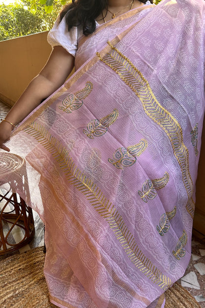Lavender Kota Doria Embroidery Saree