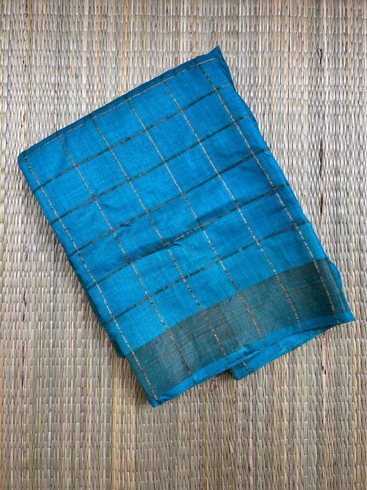 Sea Green Pure Tussar silk saree in Zari cheks