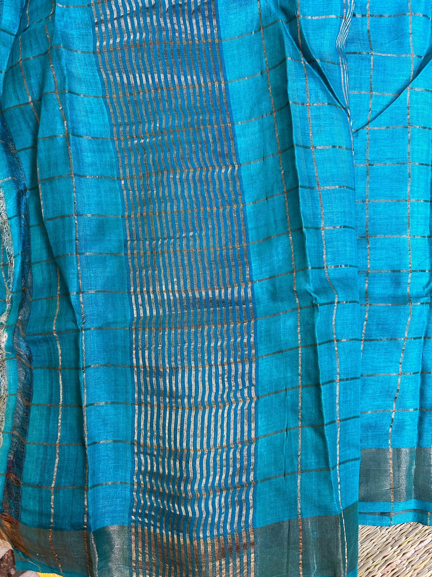 Sea Green Pure Tussar silk saree in Zari cheks