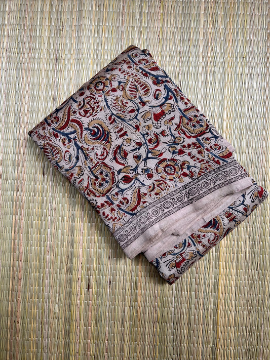 Mangalagiri SilkCotton Kalamkari Handblock Printed Saree - 4
