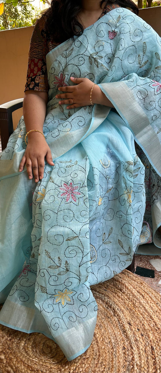Sky Blue Linen Saree with Kantha work