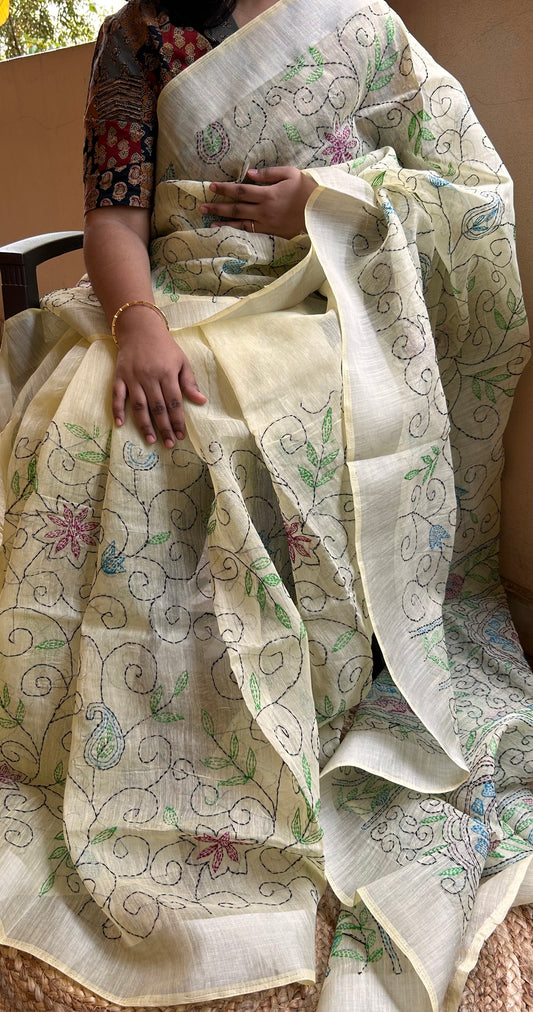 Yellow Linen Saree with Kantha work