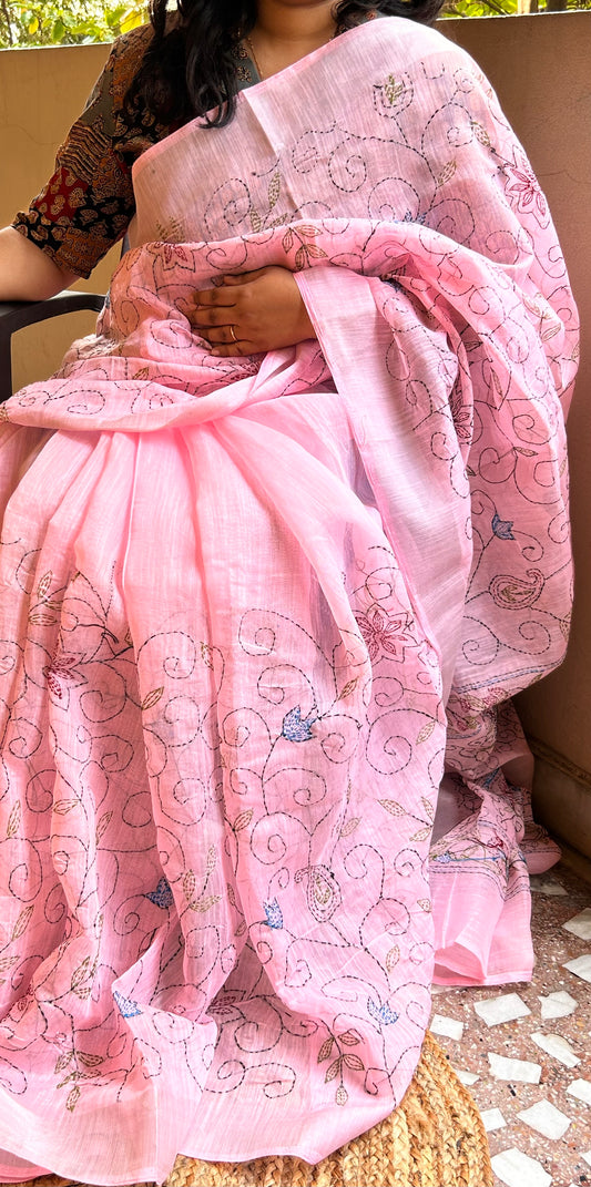 Pink Linen Saree with Kantha work