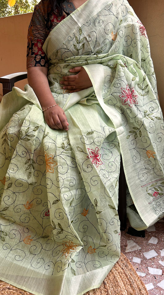 Pastel Green Linen Saree with Kantha work