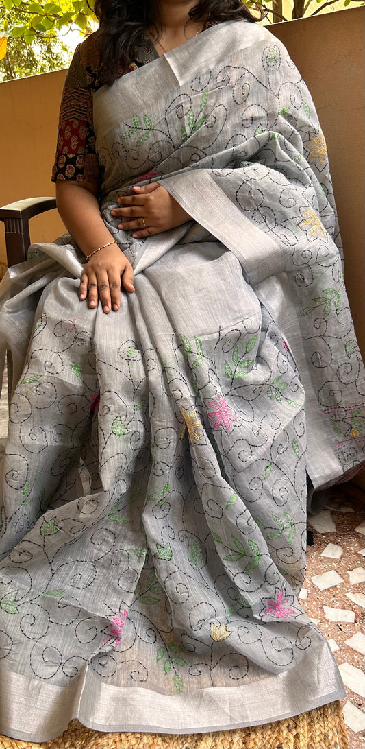 Gray Linen Saree with Kantha work (No Blouse)