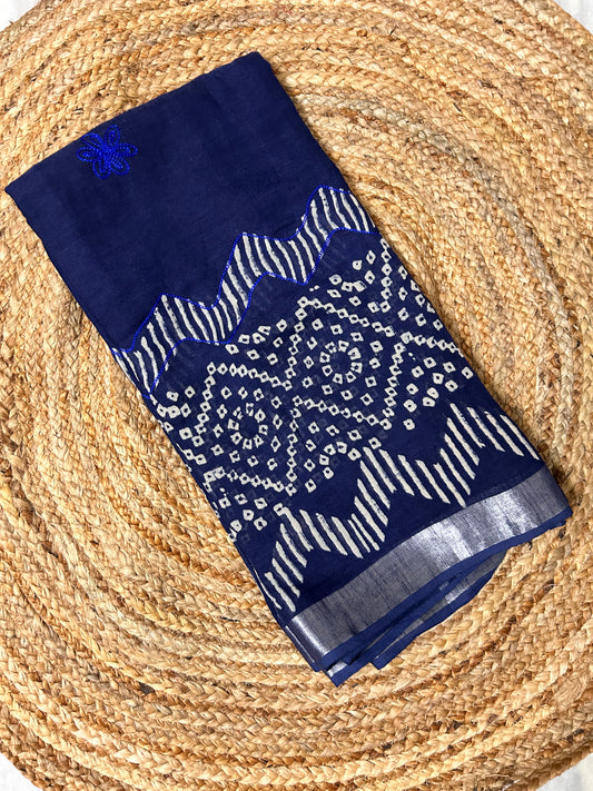 Navy Blue Linen cotton Embroidery Saree