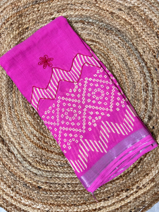 Pink Linen cotton Embroidery Saree